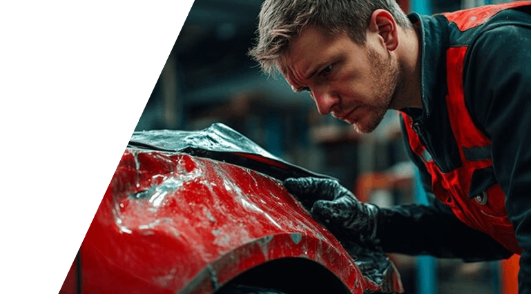 Man in red overalls inspecting damaged car.